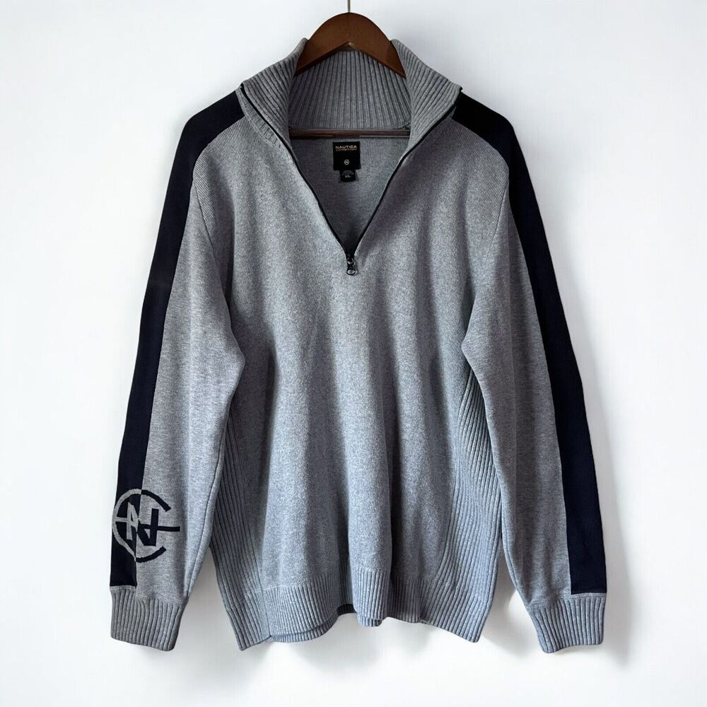 Nautica Competition Vintage Y2K 1/4 Zip Pullover Gray Navy Polo Sweater Men's XL